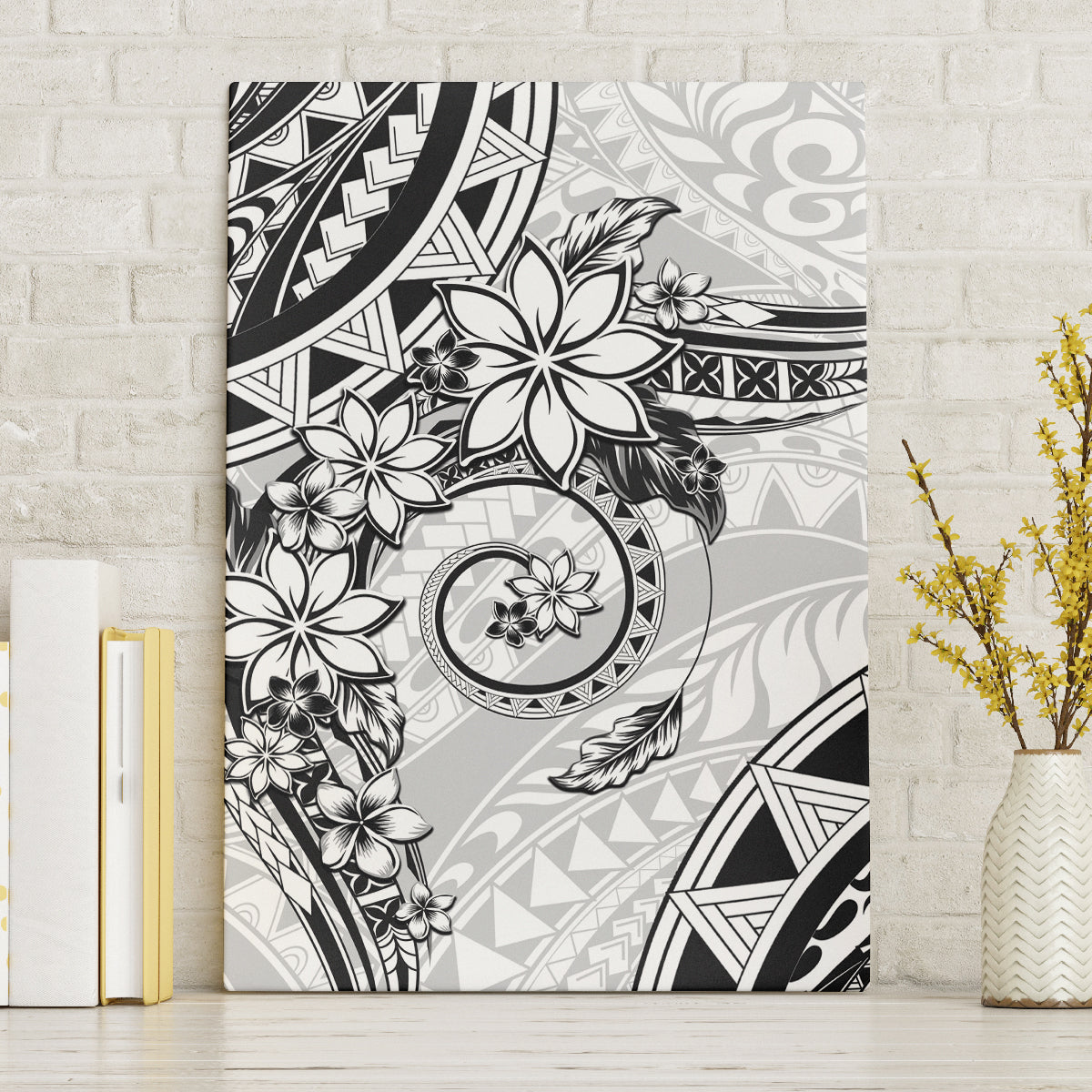 Polynesian Pattern With Plumeria Flowers Canvas Wall Art White