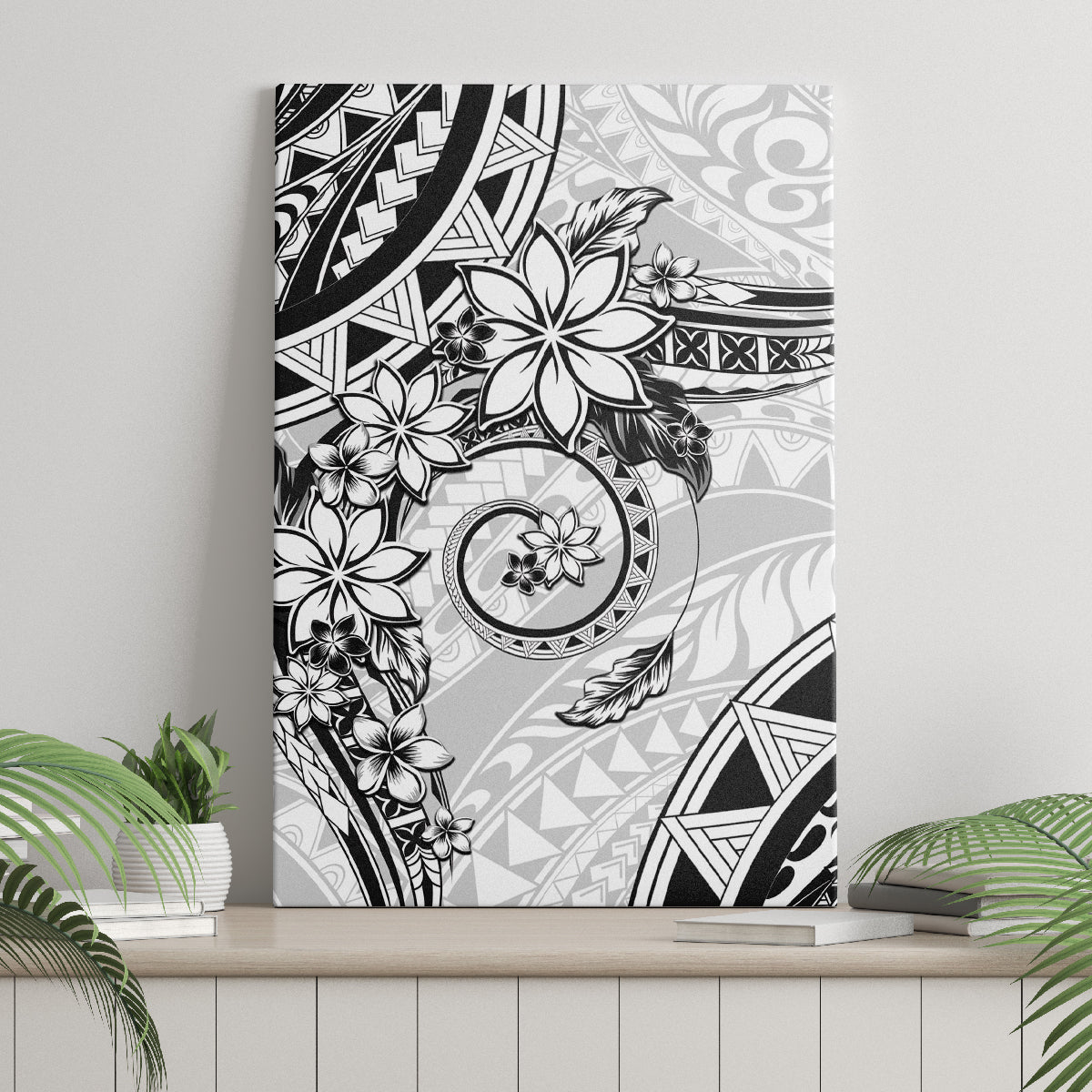 Polynesian Pattern With Plumeria Flowers Canvas Wall Art White