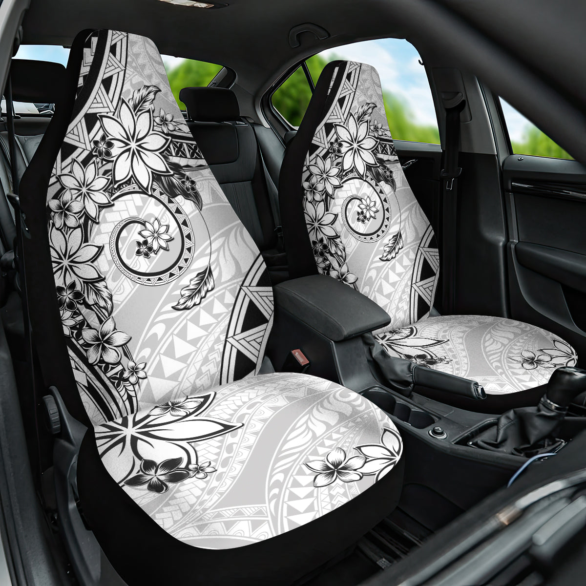 Polynesian Pattern With Plumeria Flowers Car Seat Cover White