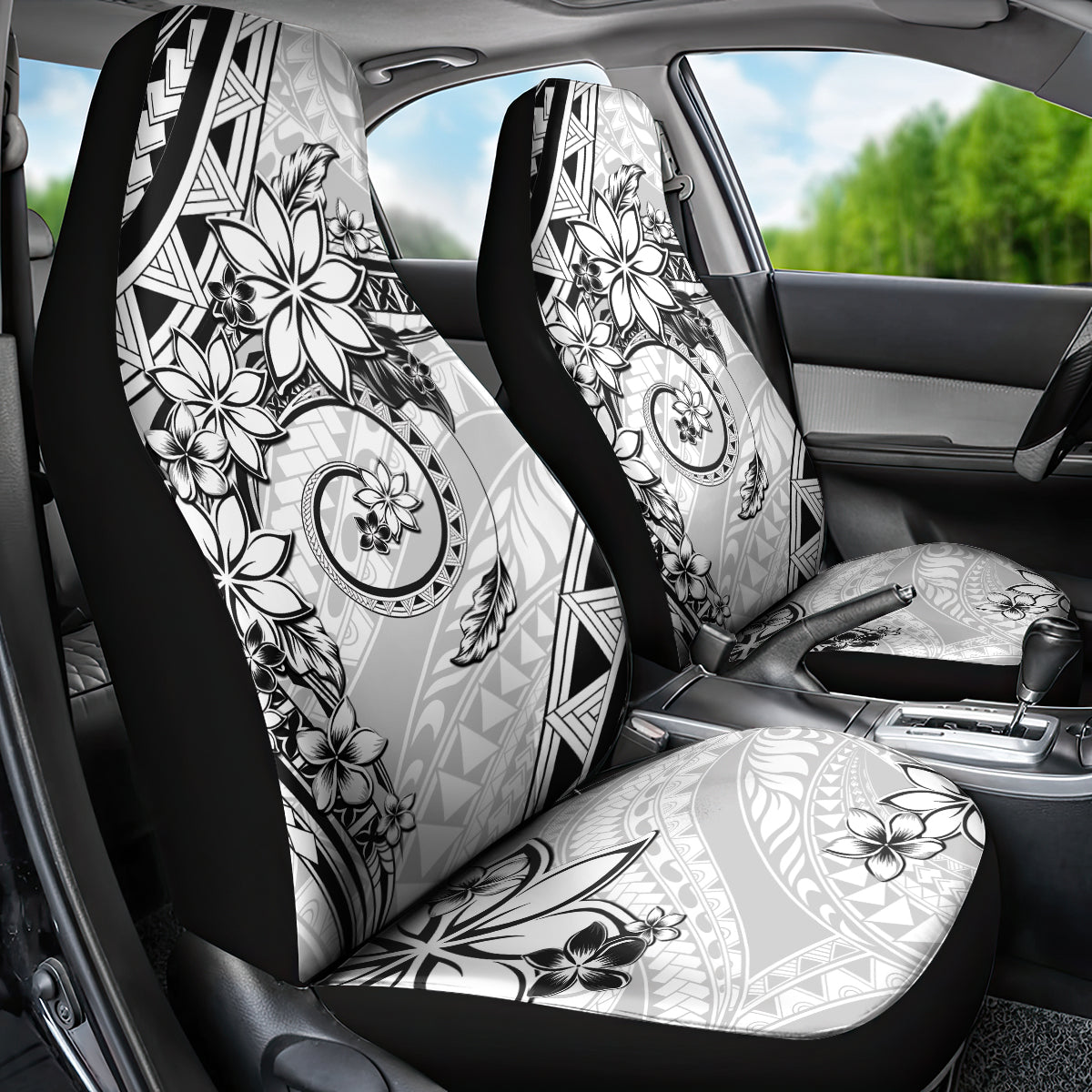 Polynesian Pattern With Plumeria Flowers Car Seat Cover White