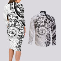 Polynesian Pattern With Plumeria Flowers Couples Matching Long Sleeve Bodycon Dress and Long Sleeve Button Shirt White