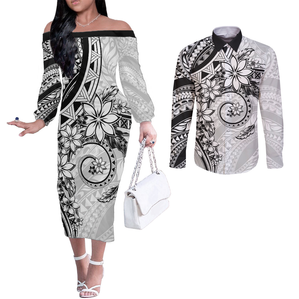 Polynesian Pattern With Plumeria Flowers Couples Matching Off The Shoulder Long Sleeve Dress and Long Sleeve Button Shirt White