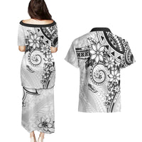 Polynesian Pattern With Plumeria Flowers Couples Matching Puletasi and Hawaiian Shirt White