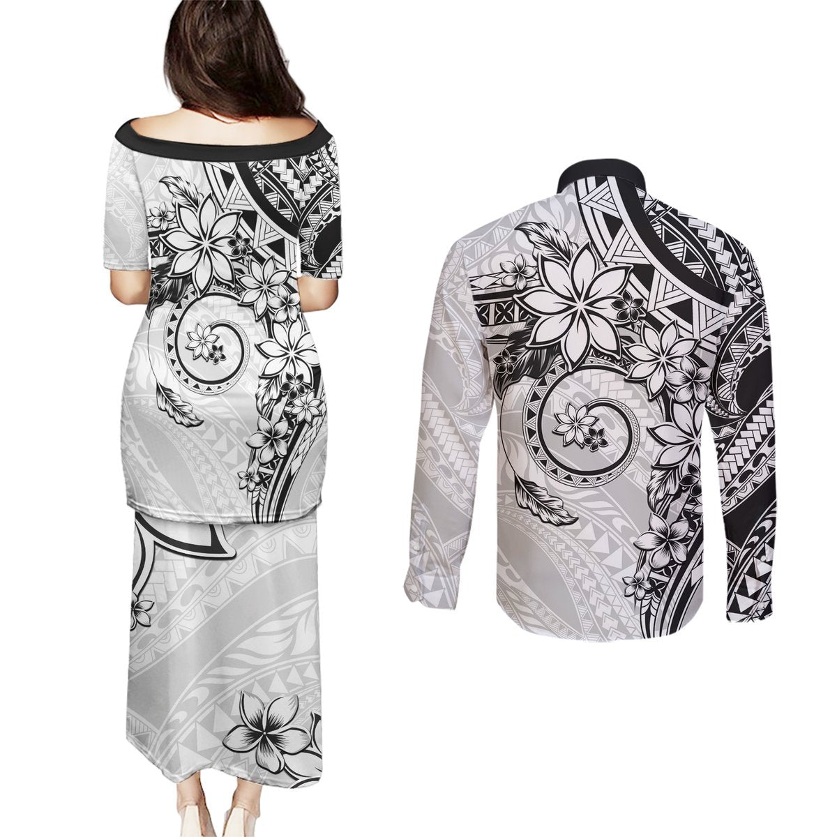 Polynesian Pattern With Plumeria Flowers Couples Matching Puletasi and Long Sleeve Button Shirt White LT05 - Polynesian Pride