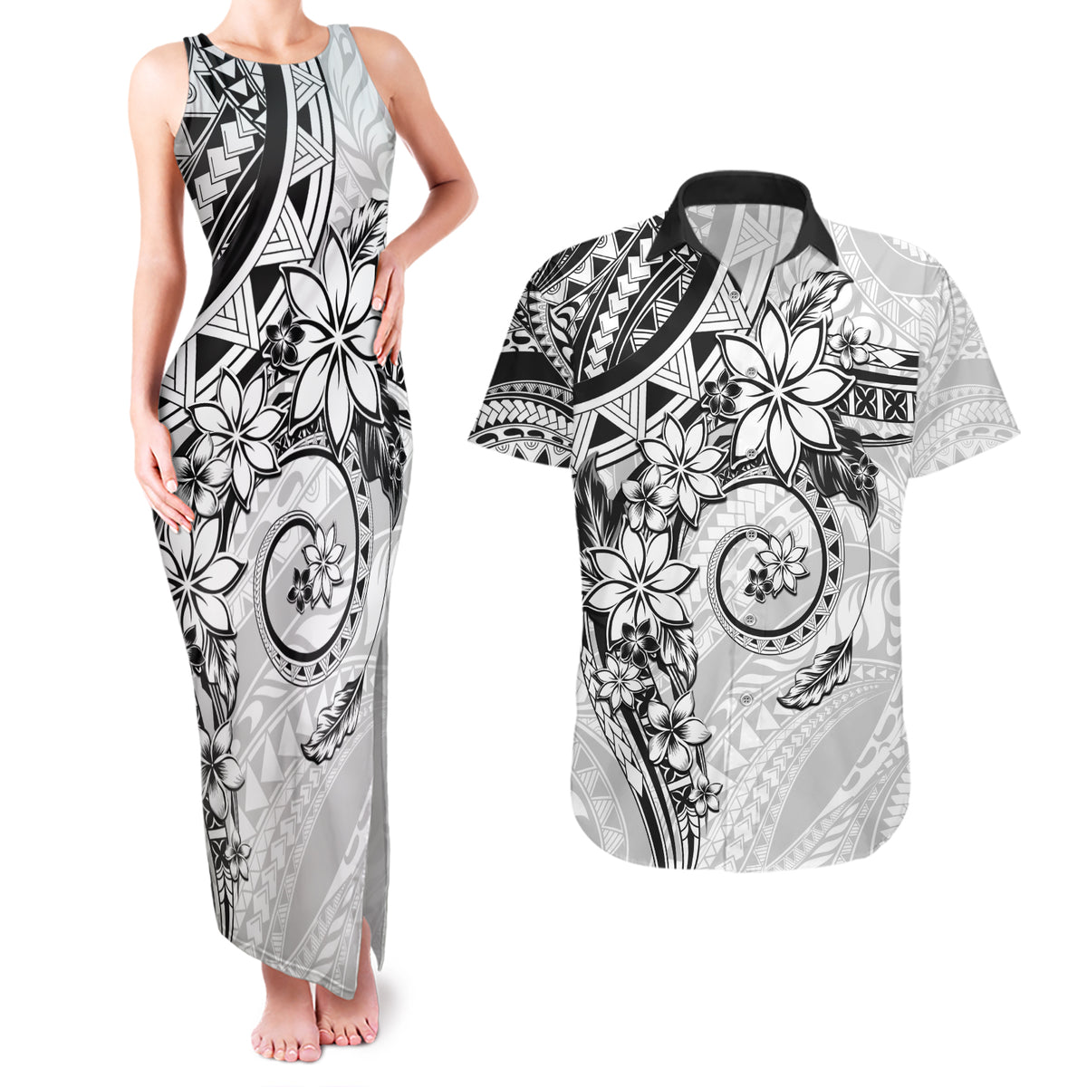 Polynesian Pattern With Plumeria Flowers Couples Matching Tank Maxi Dress and Hawaiian Shirt White