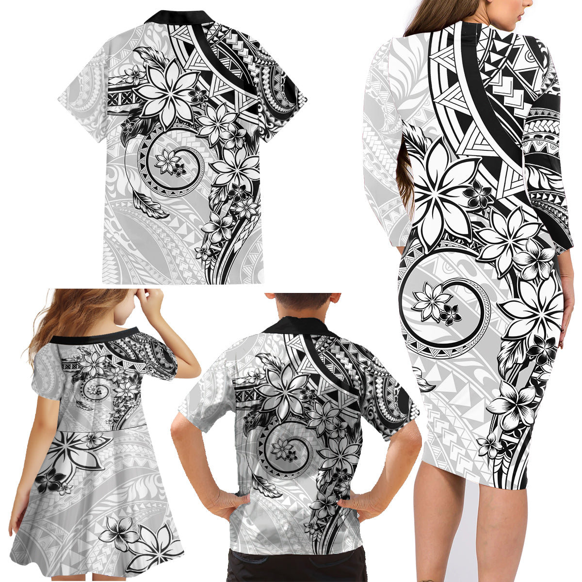 Polynesian Pattern With Plumeria Flowers Family Matching Long Sleeve Bodycon Dress and Hawaiian Shirt White