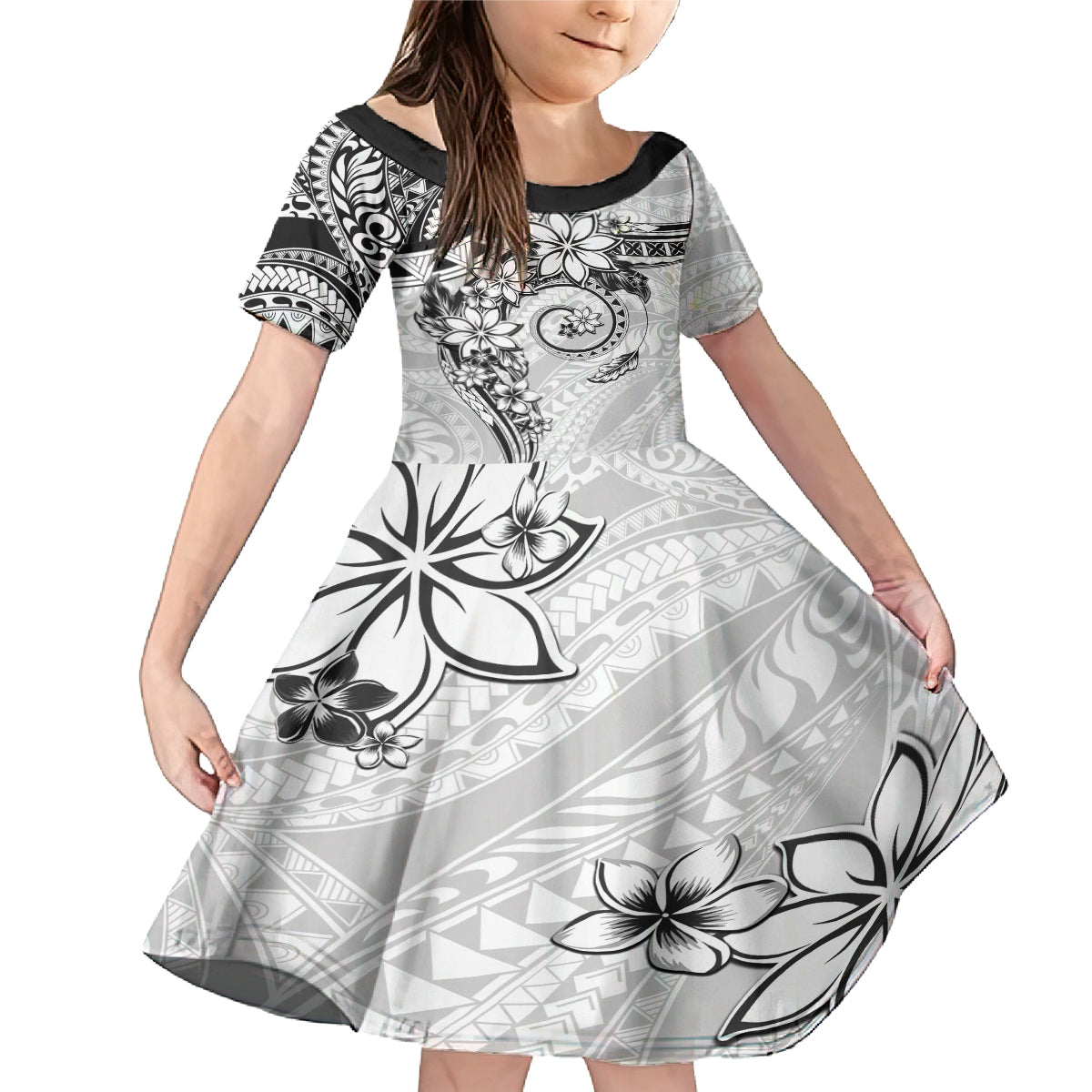 Polynesian Pattern With Plumeria Flowers Family Matching Mermaid Dress and Hawaiian Shirt White LT05 Daughter's Dress White - Polynesian Pride