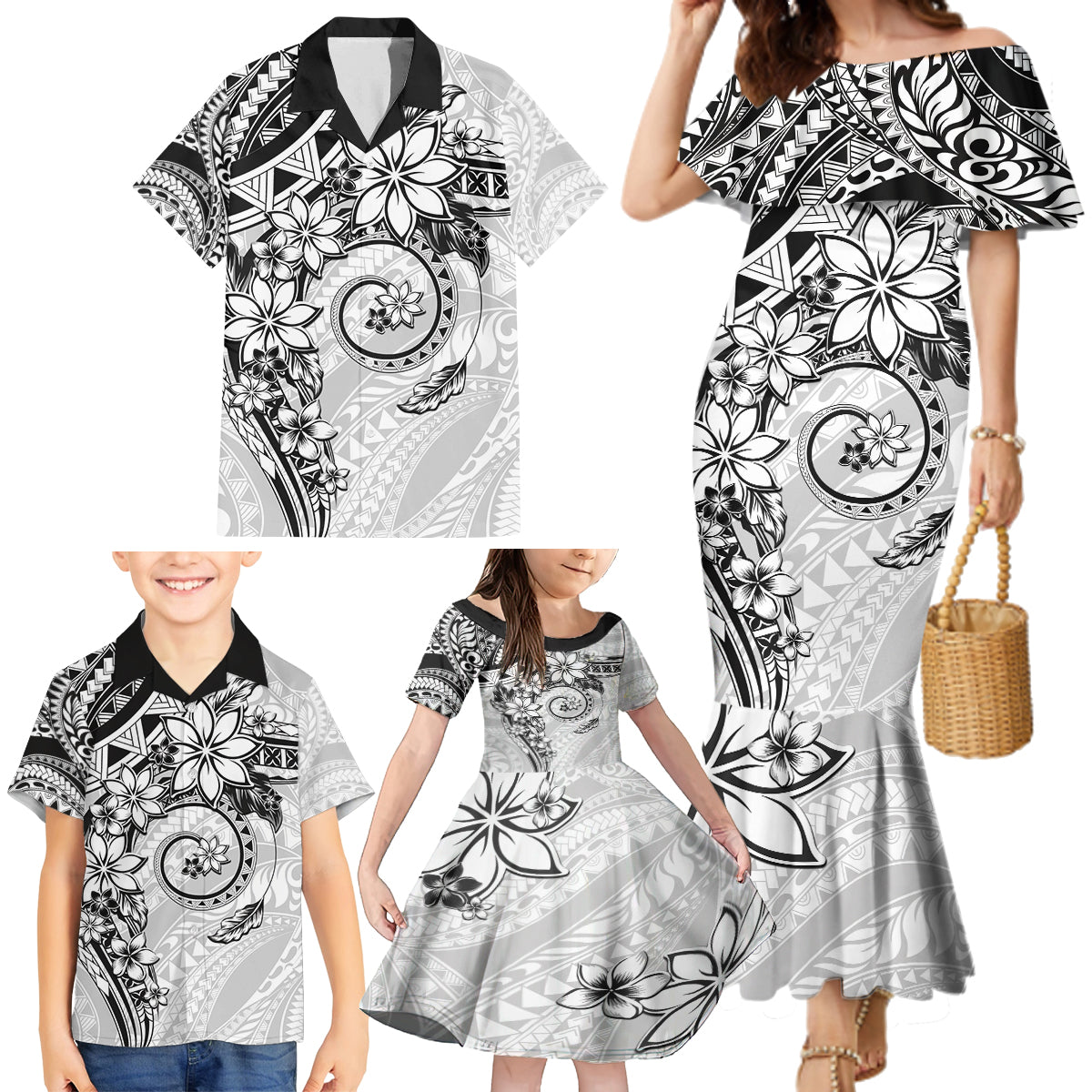 Polynesian Pattern With Plumeria Flowers Family Matching Mermaid Dress and Hawaiian Shirt White LT05 - Polynesian Pride