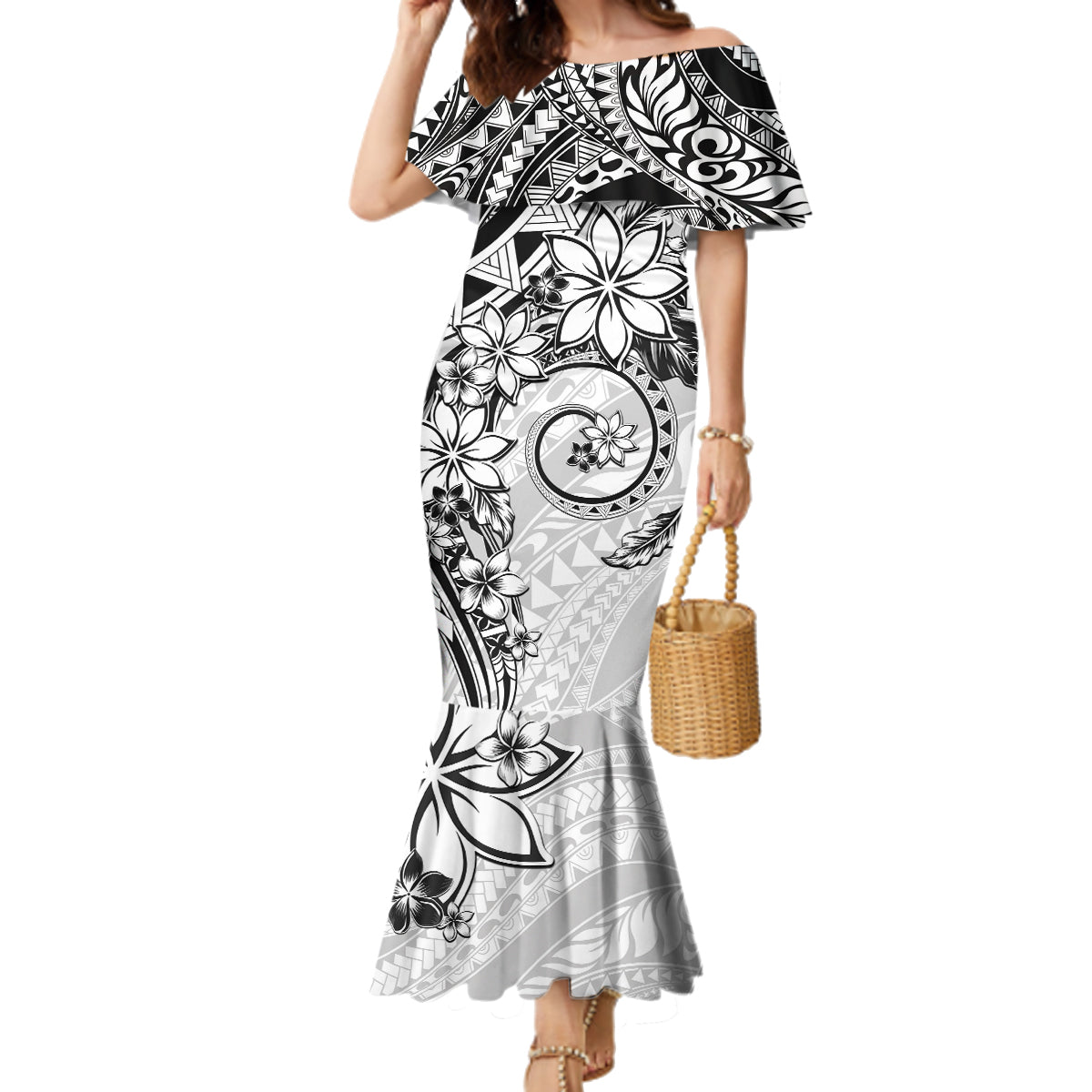 Polynesian Pattern With Plumeria Flowers Family Matching Mermaid Dress and Hawaiian Shirt White LT05 Mom's Dress White - Polynesian Pride