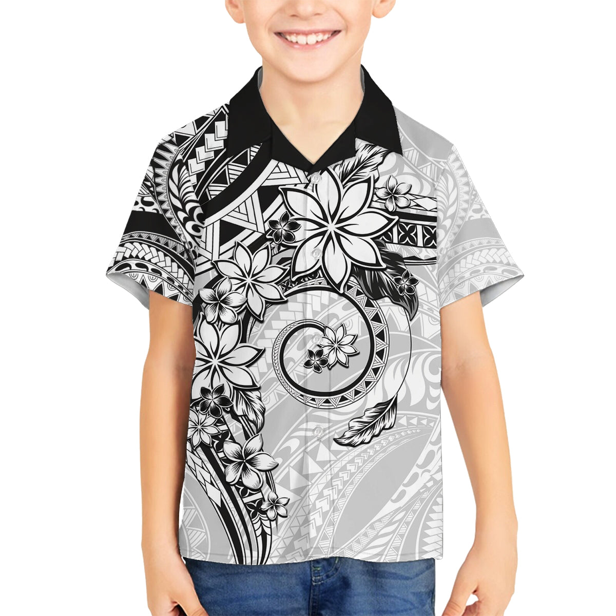 Polynesian Pattern With Plumeria Flowers Family Matching Off The Shoulder Long Sleeve Dress and Hawaiian Shirt White