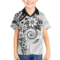 Polynesian Pattern With Plumeria Flowers Family Matching Off The Shoulder Long Sleeve Dress and Hawaiian Shirt White