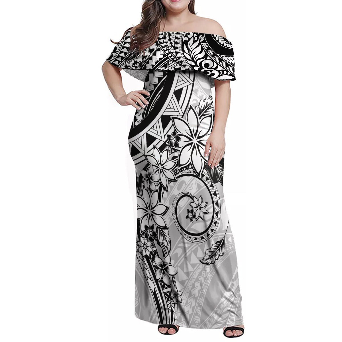 Polynesian Pattern With Plumeria Flowers Family Matching Off Shoulder Maxi Dress and Hawaiian Shirt White LT05 Mom's Dress White - Polynesian Pride
