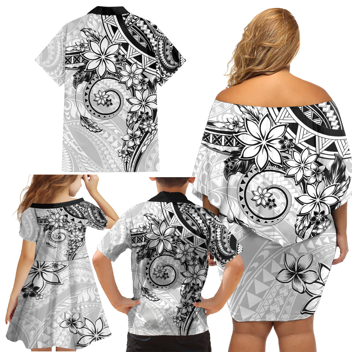 Polynesian Pattern With Plumeria Flowers Family Matching Off Shoulder Short Dress and Hawaiian Shirt White LT05 - Polynesian Pride