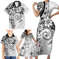 Polynesian Pattern With Plumeria Flowers Family Matching Short Sleeve Bodycon Dress and Hawaiian Shirt White LT05 - Polynesian Pride