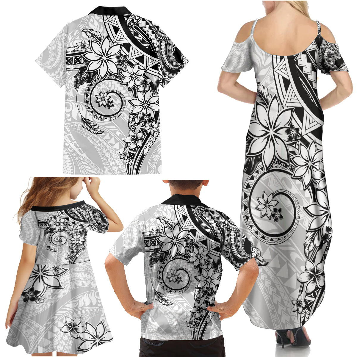 Polynesian Pattern With Plumeria Flowers Family Matching Summer Maxi Dress and Hawaiian Shirt White LT05 - Polynesian Pride