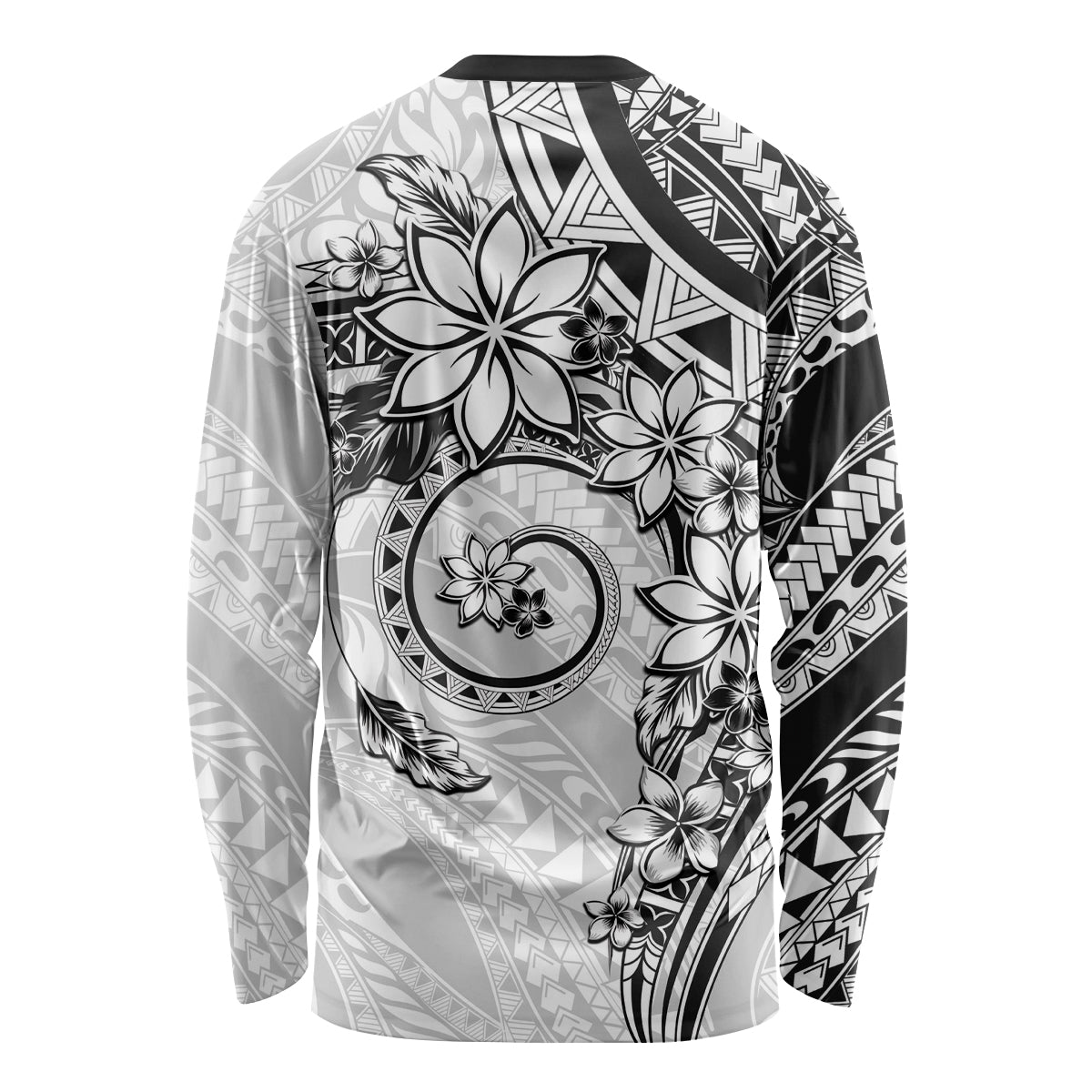 Polynesian Pattern With Plumeria Flowers Long Sleeve Shirt White