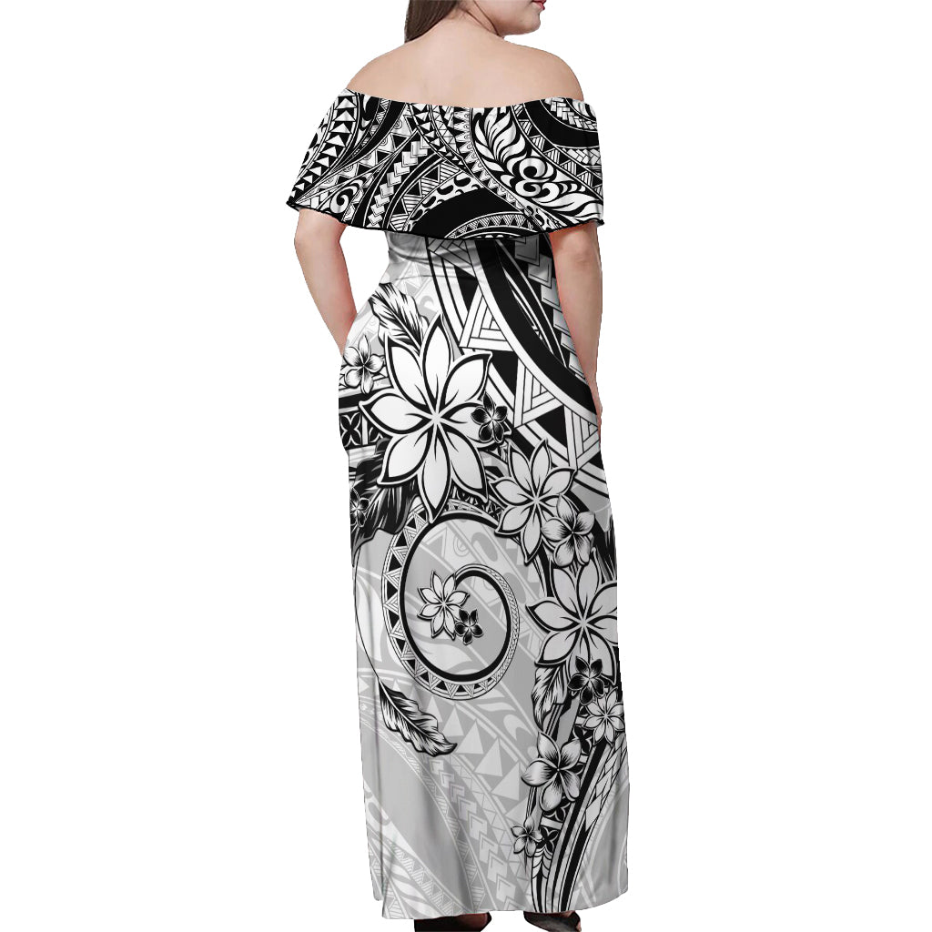 Polynesian Pattern With Plumeria Flowers Off Shoulder Maxi Dress White