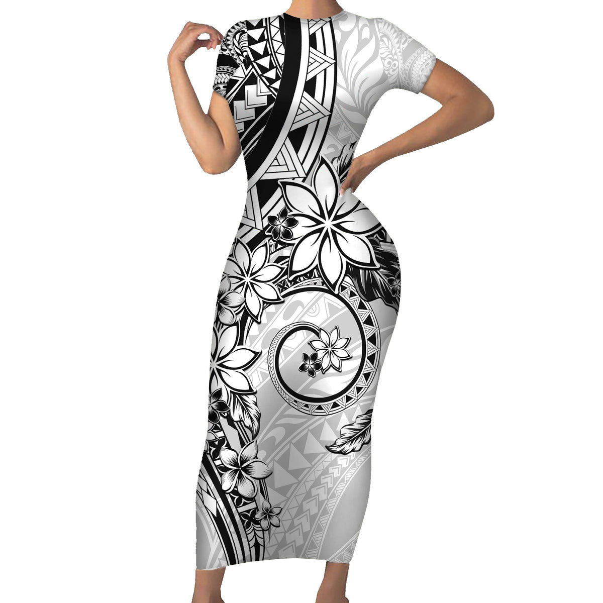 Polynesian Pattern With Plumeria Flowers Short Sleeve Bodycon Dress White