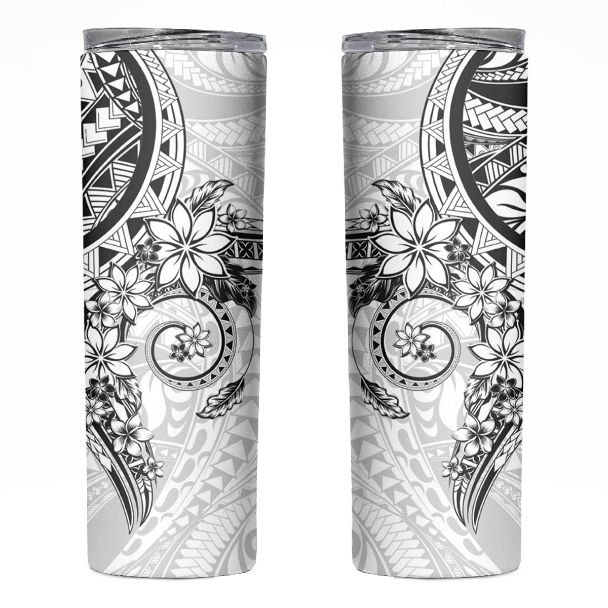 White Polynesian Pattern With Plumeria Flowers Skinny Tumbler