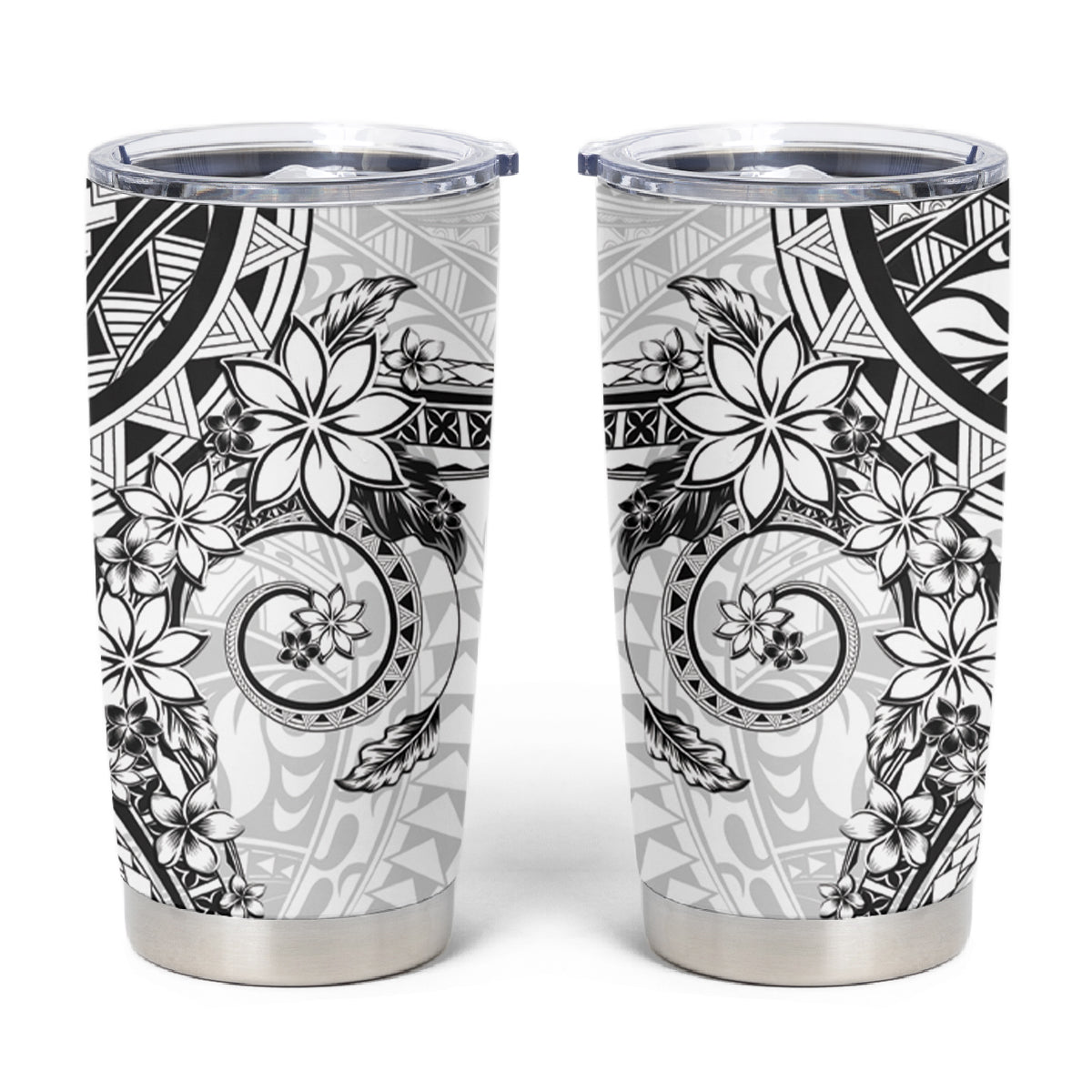 White Polynesian Pattern With Plumeria Flowers Tumbler Cup