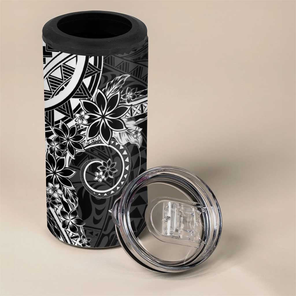 Black Polynesian Pattern With Plumeria Flowers 4 in 1 Can Cooler Tumbler
