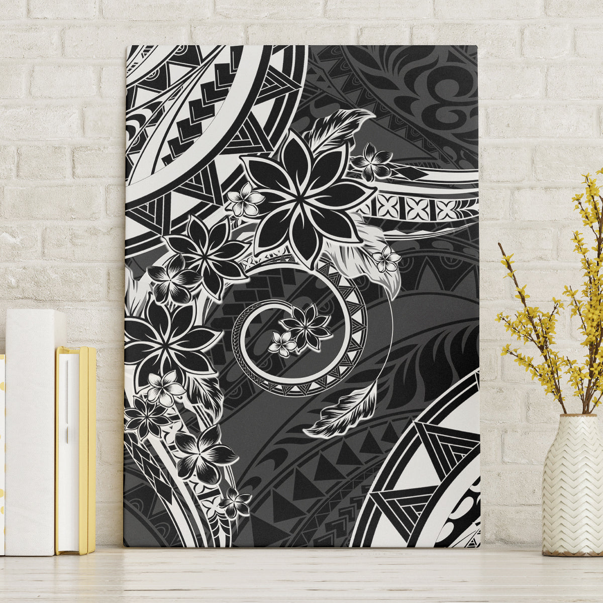 Polynesian Pattern With Plumeria Flowers Canvas Wall Art Black