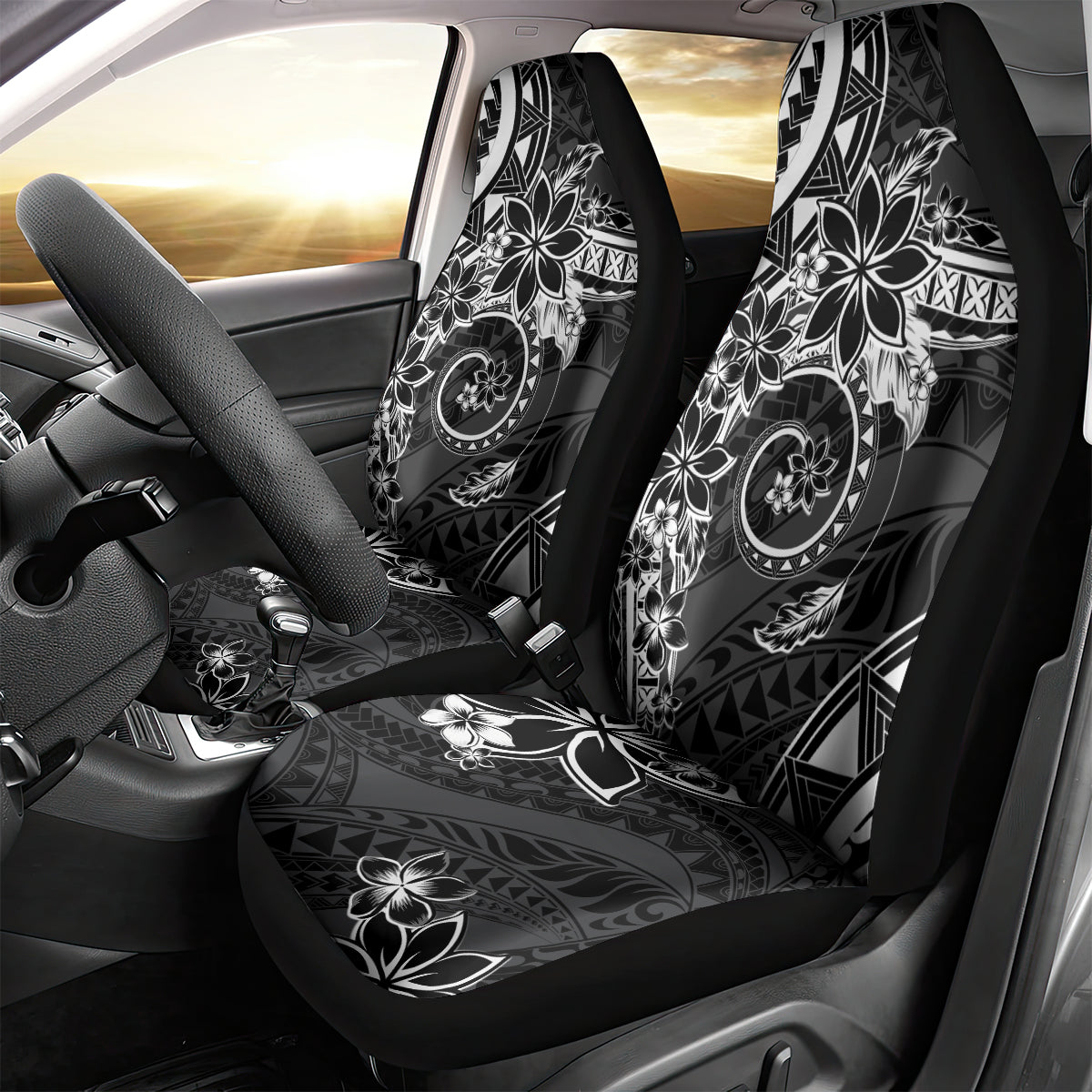 Polynesian Pattern With Plumeria Flowers Car Seat Cover Black