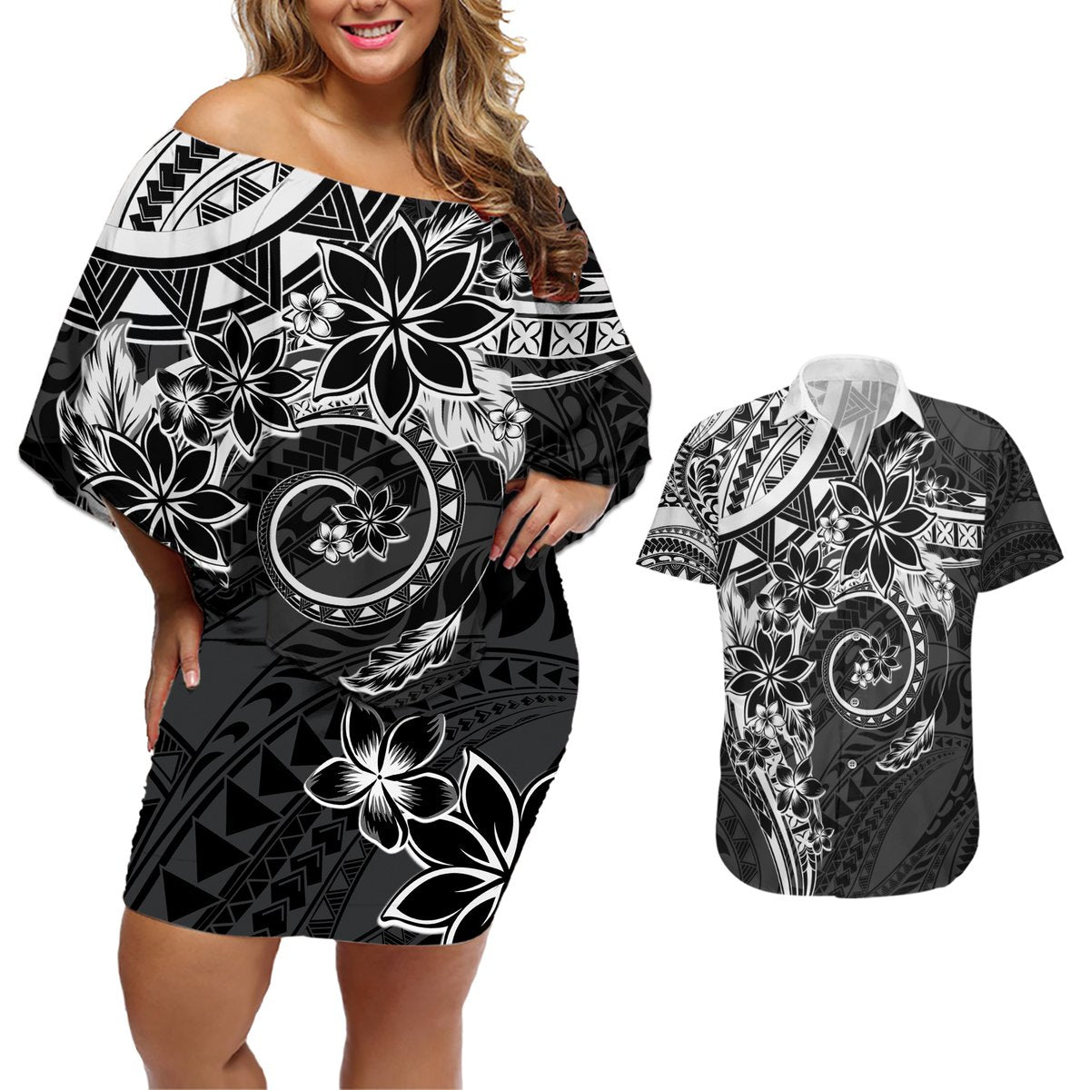 Polynesian Pattern With Plumeria Flowers Couples Matching Off Shoulder Short Dress and Hawaiian Shirt Black LT05 Black - Polynesian Pride