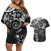 Polynesian Pattern With Plumeria Flowers Couples Matching Off Shoulder Short Dress and Hawaiian Shirt Black