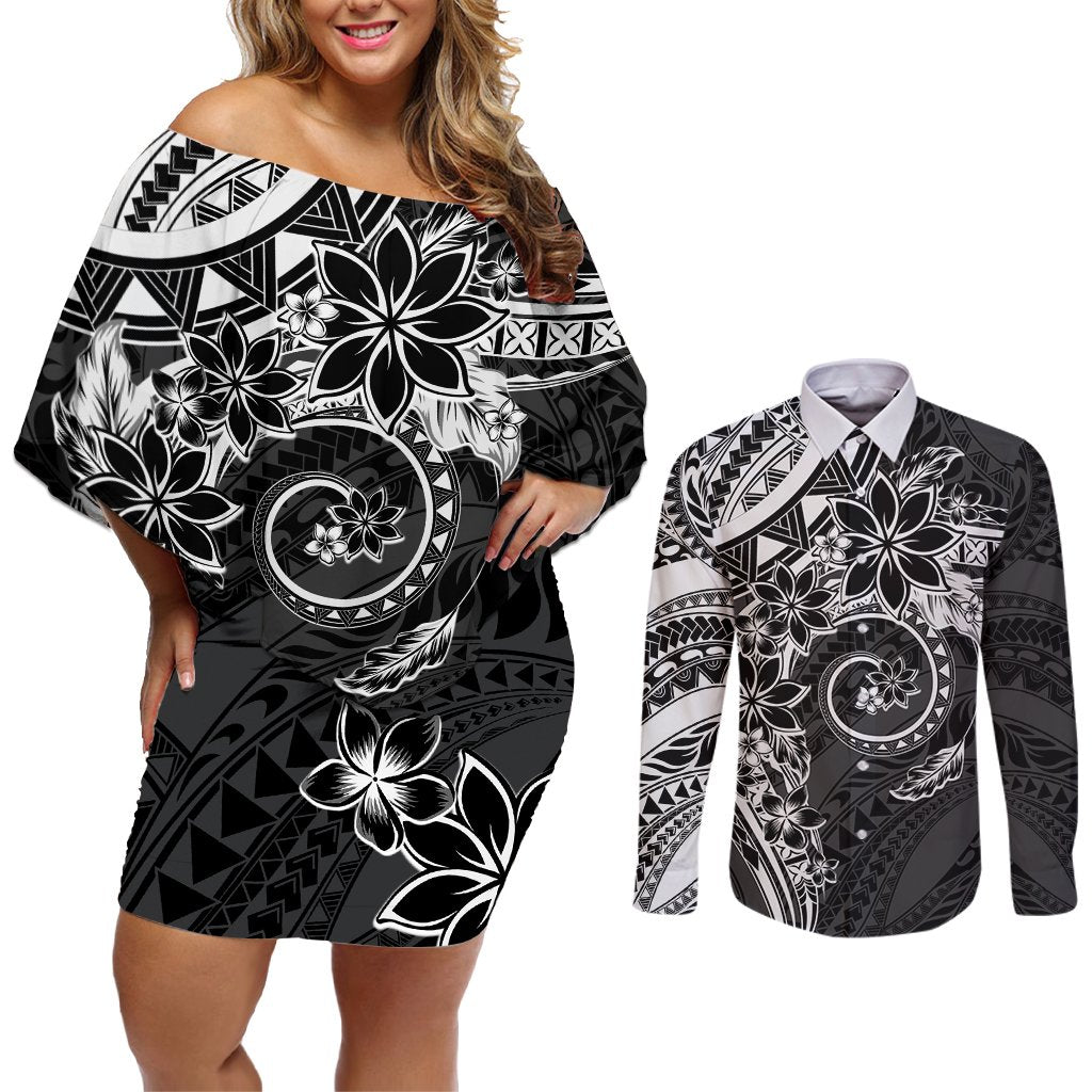 Polynesian Pattern With Plumeria Flowers Couples Matching Off Shoulder Short Dress and Long Sleeve Button Shirt Black