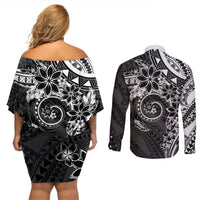 Polynesian Pattern With Plumeria Flowers Couples Matching Off Shoulder Short Dress and Long Sleeve Button Shirt Black