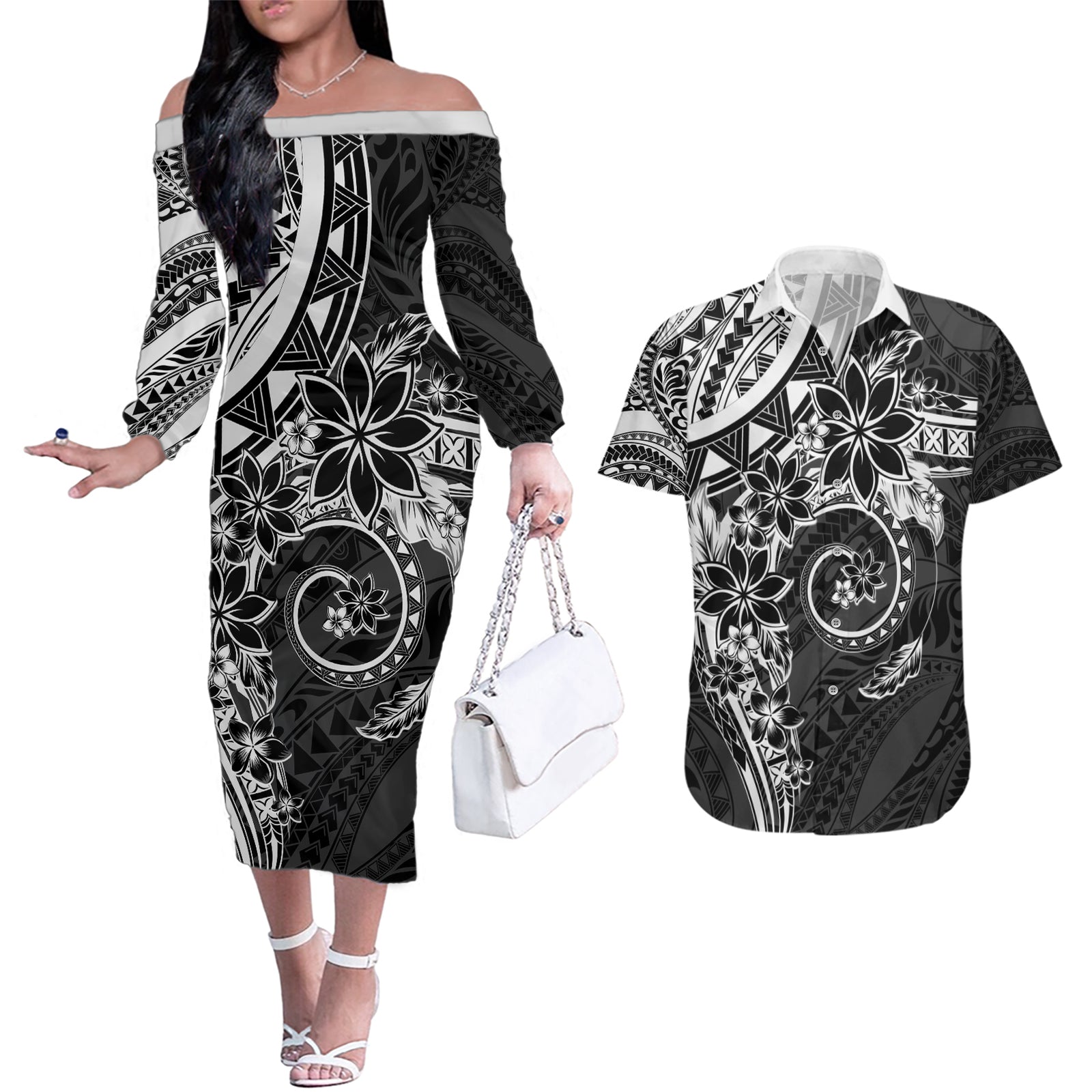 Polynesian Pattern With Plumeria Flowers Couples Matching Off The Shoulder Long Sleeve Dress and Hawaiian Shirt Black