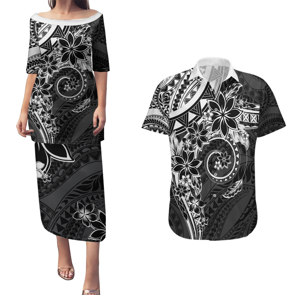 Polynesian Pattern With Plumeria Flowers Couples Matching Puletasi and Hawaiian Shirt Black