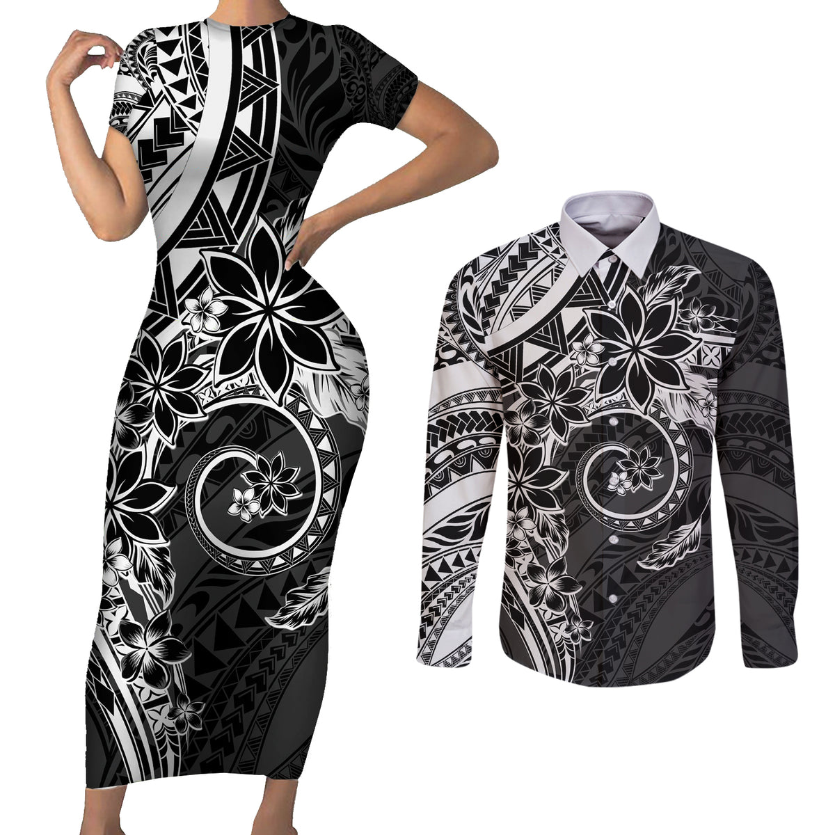 Polynesian Pattern With Plumeria Flowers Couples Matching Short Sleeve Bodycon Dress and Long Sleeve Button Shirt Black