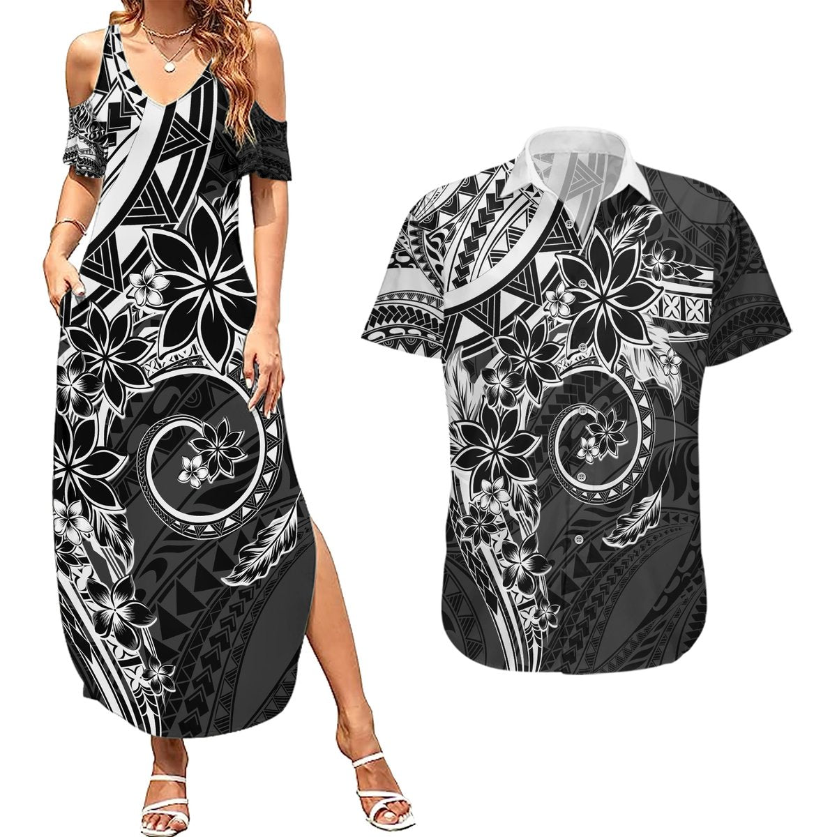 Polynesian Pattern With Plumeria Flowers Couples Matching Summer Maxi Dress and Hawaiian Shirt Black LT05 Black - Polynesian Pride