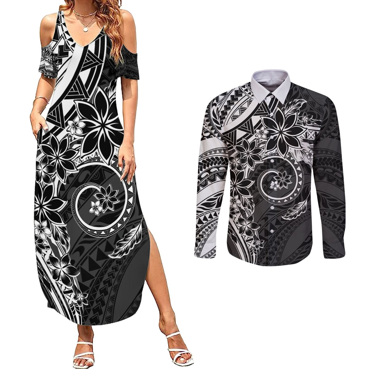 Polynesian Pattern With Plumeria Flowers Couples Matching Summer Maxi Dress and Long Sleeve Button Shirt Black