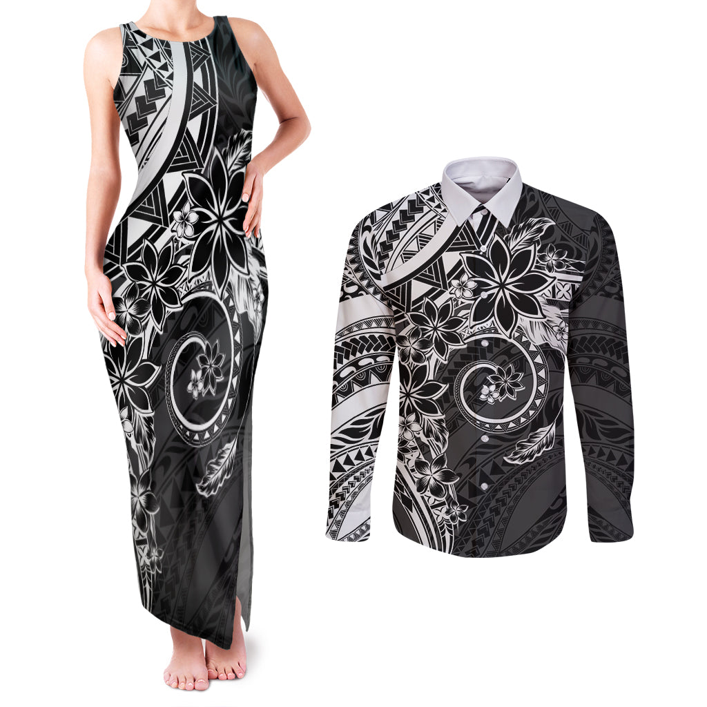 Polynesian Pattern With Plumeria Flowers Couples Matching Tank Maxi Dress and Long Sleeve Button Shirt Black LT05 Black - Polynesian Pride
