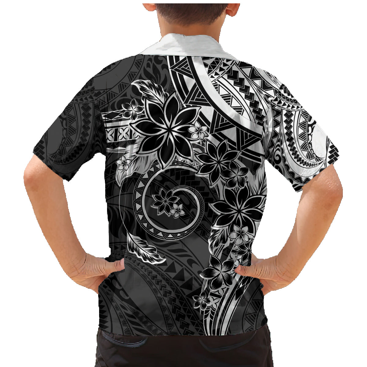Polynesian Pattern With Plumeria Flowers Family Matching Mermaid Dress and Hawaiian Shirt Black LT05 - Polynesian Pride