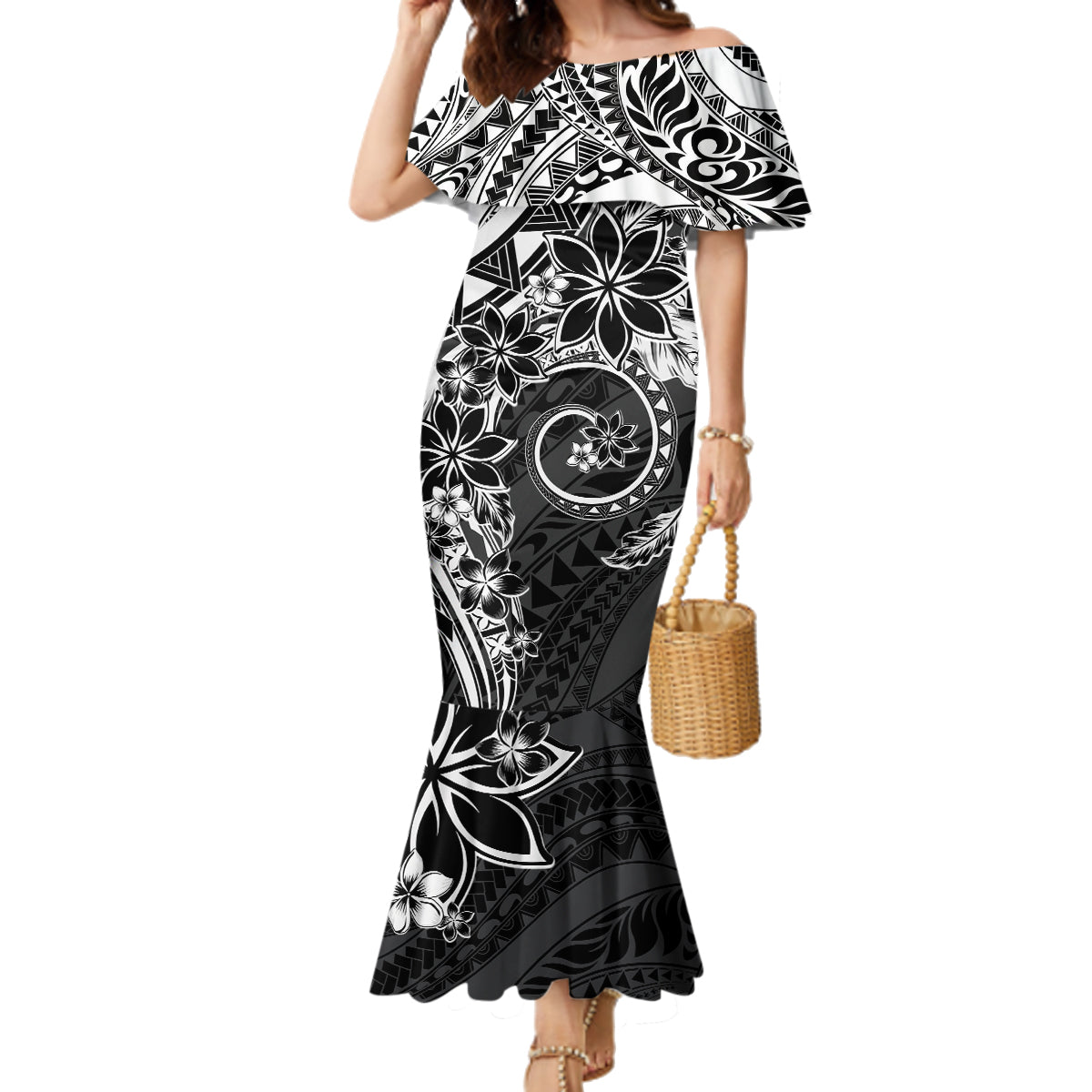 Polynesian Pattern With Plumeria Flowers Family Matching Mermaid Dress and Hawaiian Shirt Black LT05 Mom's Dress Black - Polynesian Pride