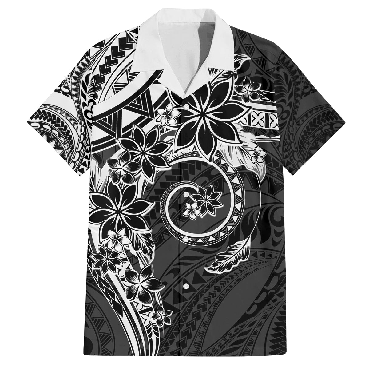 Polynesian Pattern With Plumeria Flowers Family Matching Off The Shoulder Long Sleeve Dress and Hawaiian Shirt Black