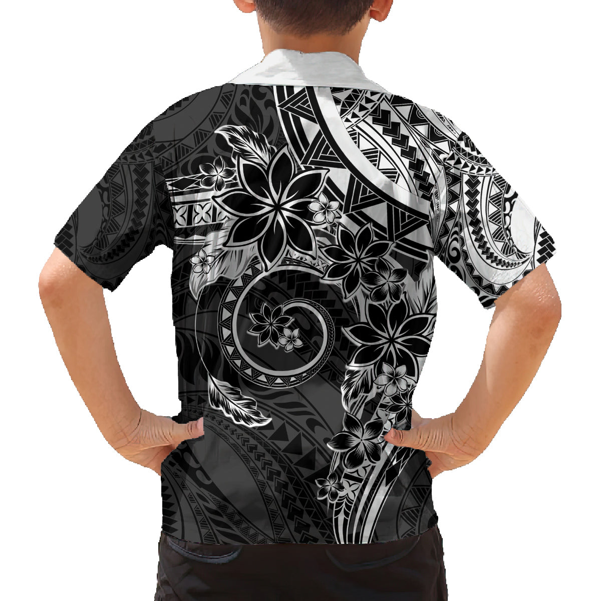 Polynesian Pattern With Plumeria Flowers Family Matching Off Shoulder Maxi Dress and Hawaiian Shirt Black LT05 - Polynesian Pride