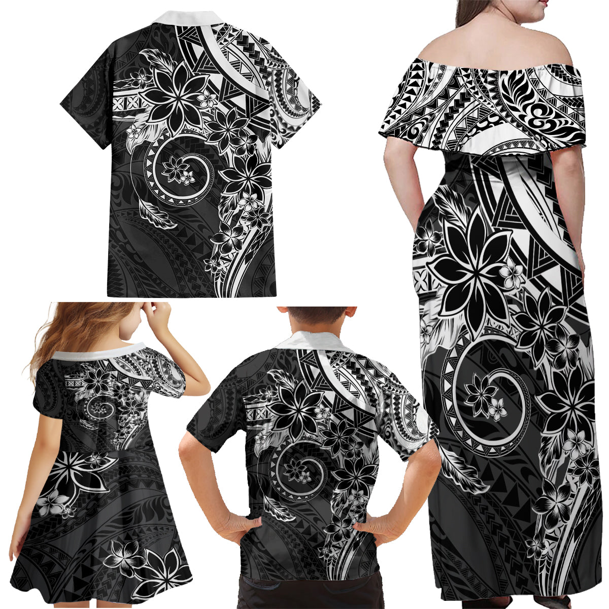 Polynesian Pattern With Plumeria Flowers Family Matching Off Shoulder Maxi Dress and Hawaiian Shirt Black LT05 - Polynesian Pride