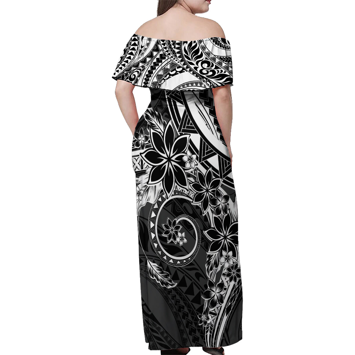 Polynesian Pattern With Plumeria Flowers Family Matching Off Shoulder Maxi Dress and Hawaiian Shirt Black LT05 - Polynesian Pride