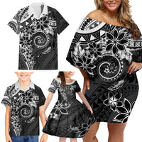 Polynesian Pattern With Plumeria Flowers Family Matching Off Shoulder Short Dress and Hawaiian Shirt Black LT05 - Polynesian Pride