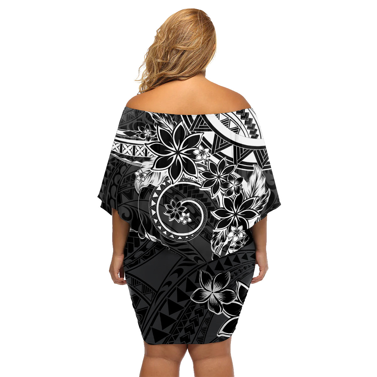 Polynesian Pattern With Plumeria Flowers Family Matching Off Shoulder Short Dress and Hawaiian Shirt Black LT05 - Polynesian Pride