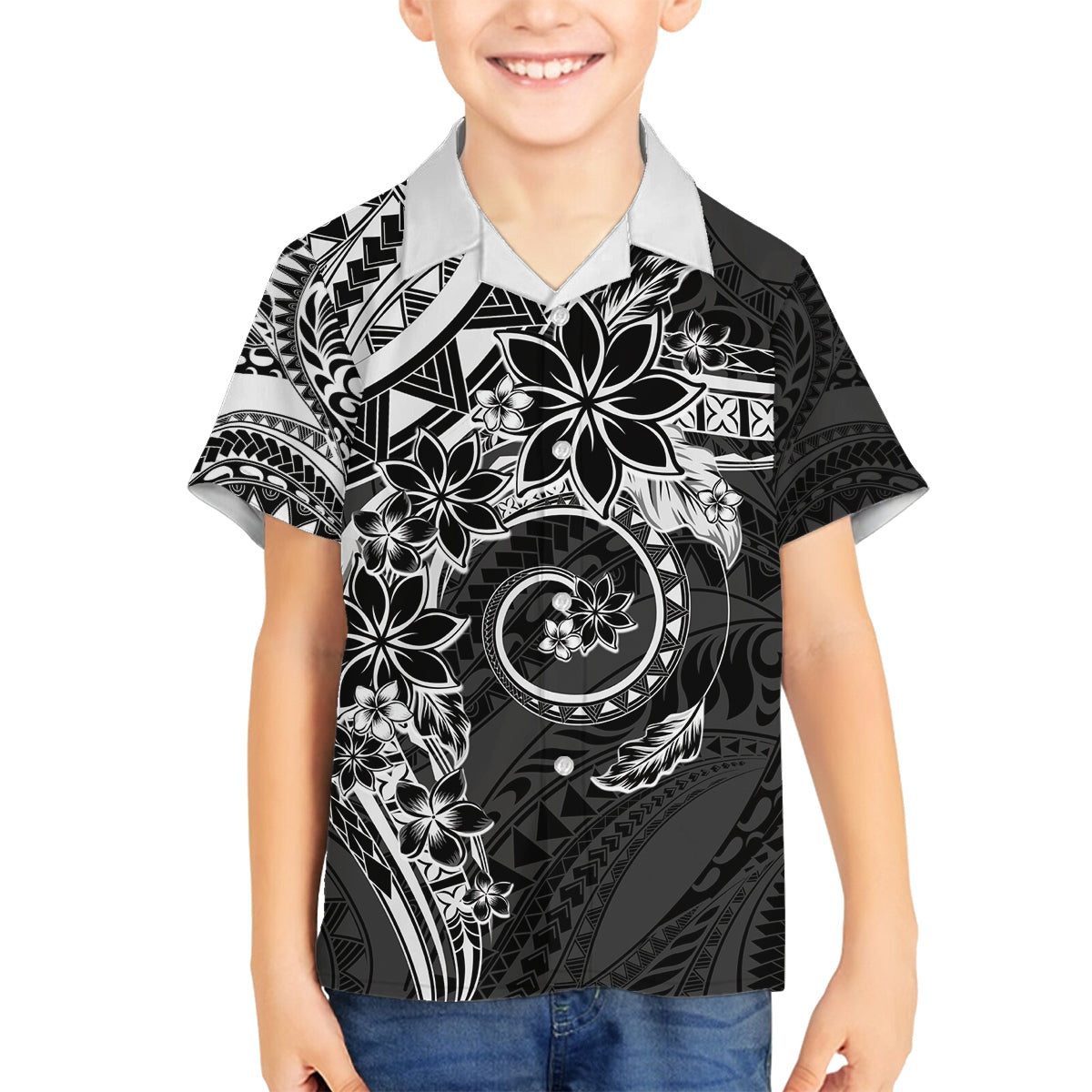 Polynesian Pattern With Plumeria Flowers Family Matching Off Shoulder Short Dress and Hawaiian Shirt Black LT05 Son's Shirt Black - Polynesian Pride