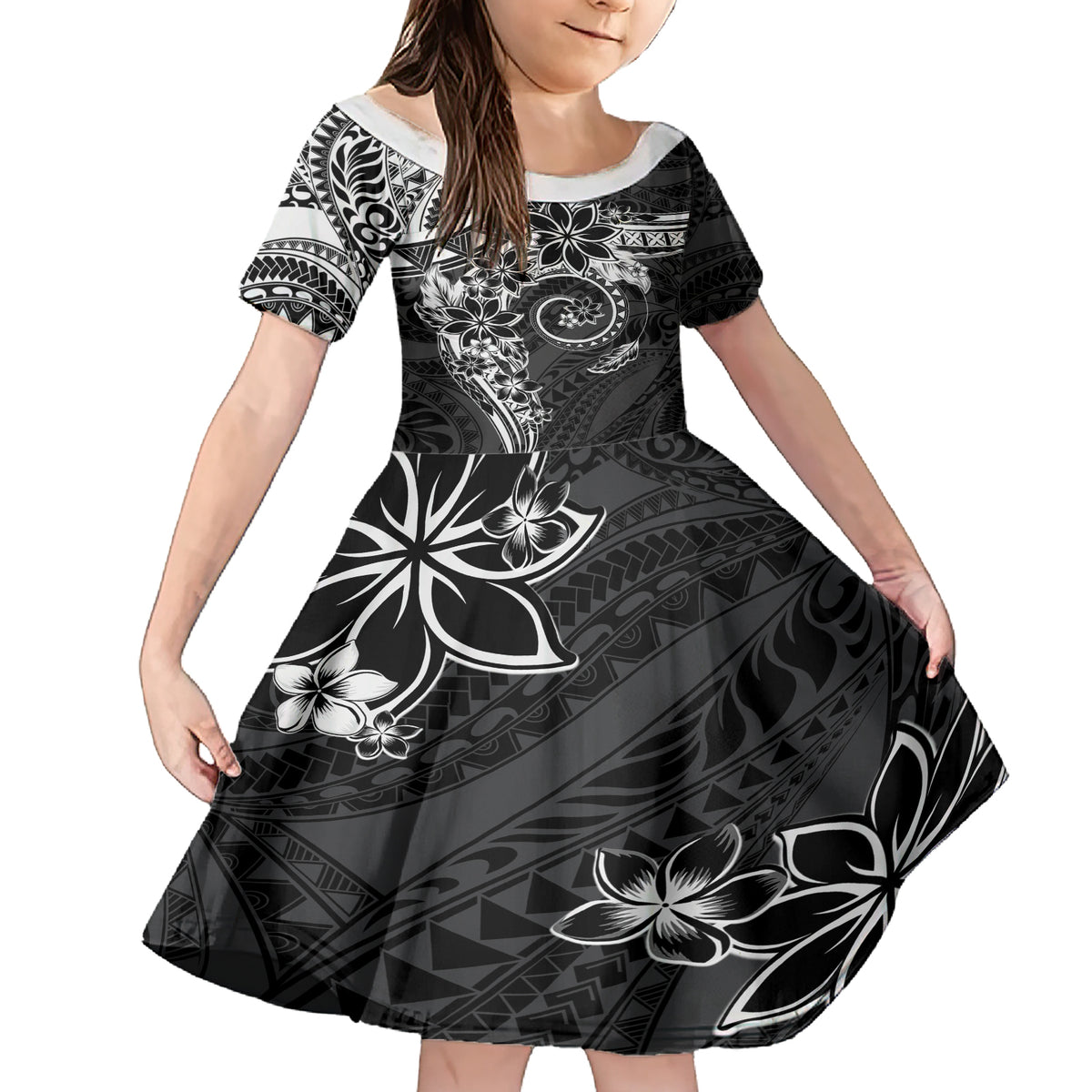 Polynesian Pattern With Plumeria Flowers Family Matching Short Sleeve Bodycon Dress and Hawaiian Shirt Black LT05 Daughter's Dress Black - Polynesian Pride