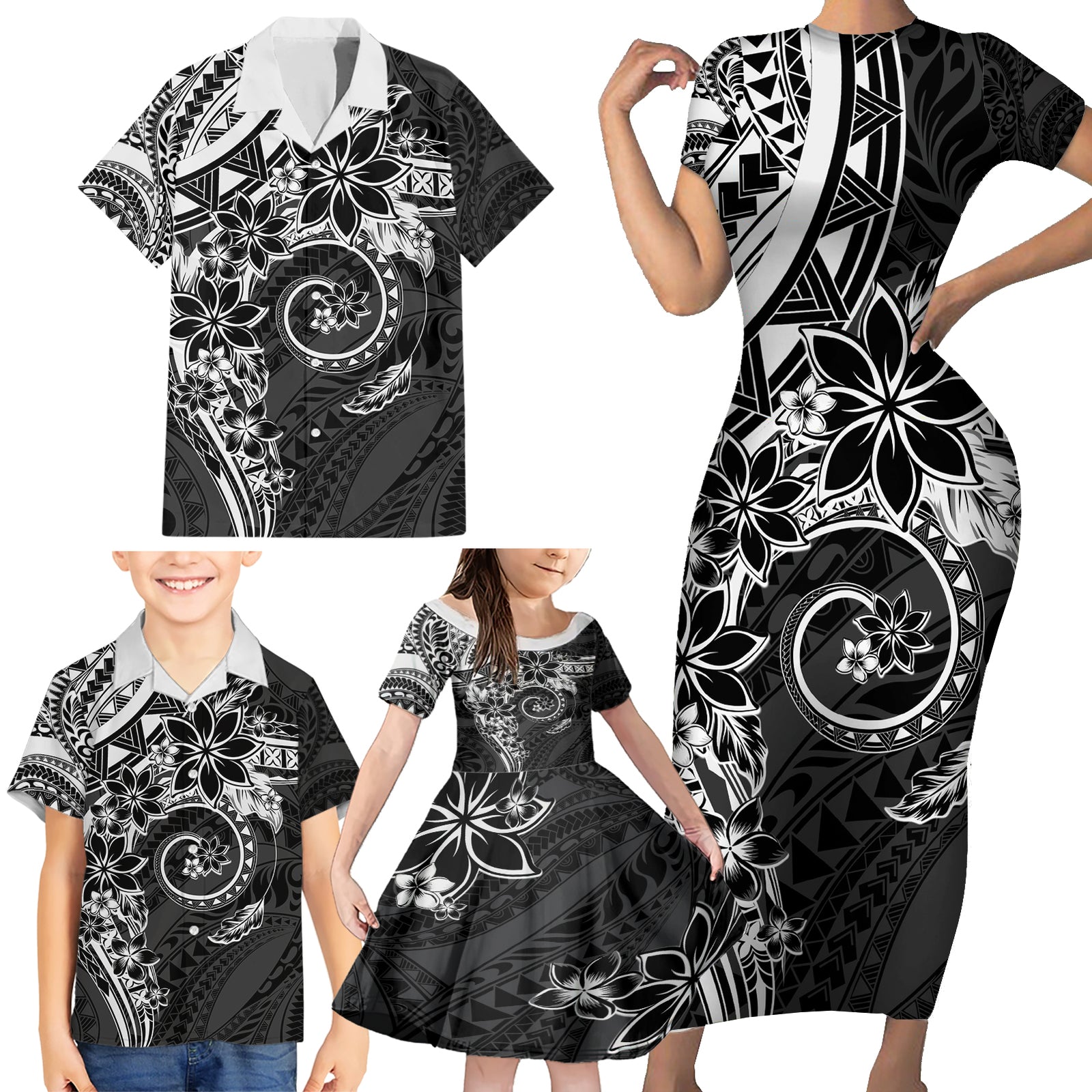 Polynesian Pattern With Plumeria Flowers Family Matching Short Sleeve Bodycon Dress and Hawaiian Shirt Black LT05 - Polynesian Pride