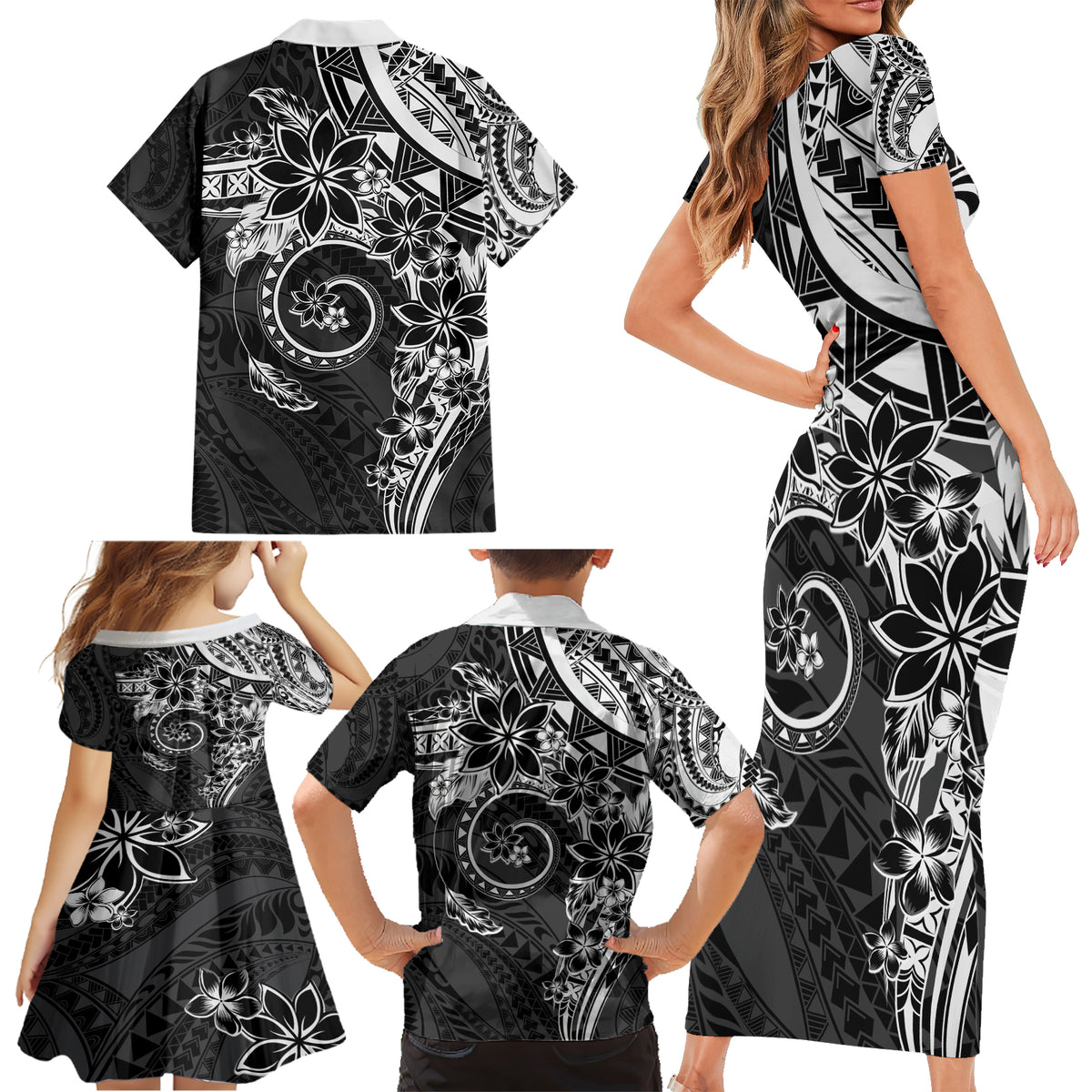 Polynesian Pattern With Plumeria Flowers Family Matching Short Sleeve Bodycon Dress and Hawaiian Shirt Black LT05 - Polynesian Pride