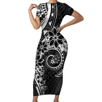 Polynesian Pattern With Plumeria Flowers Family Matching Short Sleeve Bodycon Dress and Hawaiian Shirt Black LT05 Mom's Dress Black - Polynesian Pride
